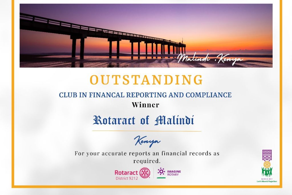 Outstanding Club in FInancial Reporting and Compliance- Rotaract Club of Malindi